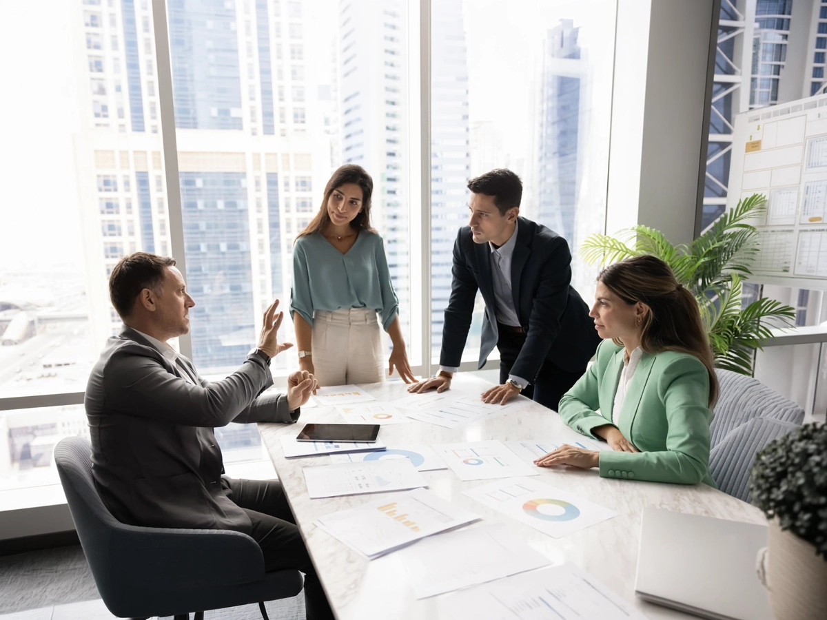 Equipo ejecutivo en reunión de consultoría empresarial